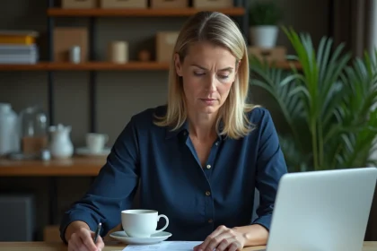 Femme consultant sa déclaration d'impôts et ses fiches de paie pour vérifier la prime de partage de la valeur