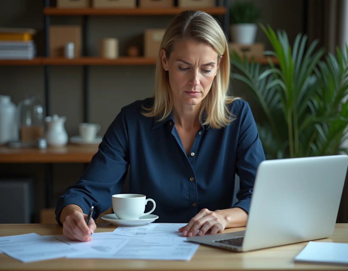 Femme consultant sa déclaration d'impôts et ses fiches de paie pour vérifier la prime de partage de la valeur