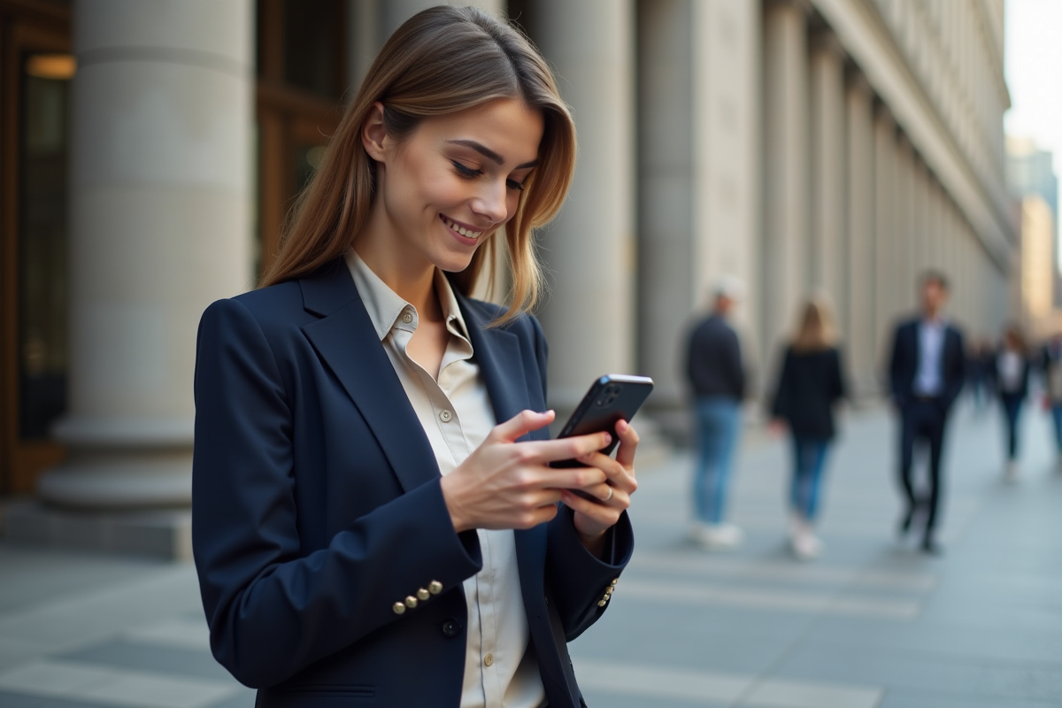 Jeune femme vérifiant des données boursières sur son smartphone dehors