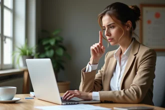 Femme analysant un site de banque en ligne sur son ordinateur portable pour détecter une arnaque bancaire
