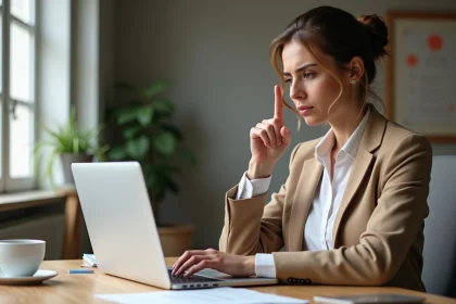 Femme analysant un site de banque en ligne sur son ordinateur portable pour détecter une arnaque bancaire