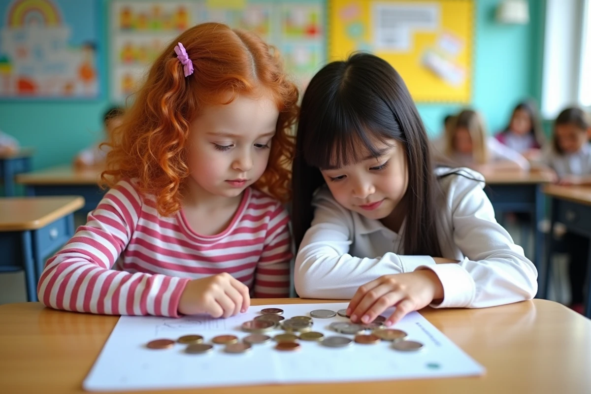Deux fillettes en classe comptant des pièces de monnaie en euros sur une fiche d'exercice scolaire