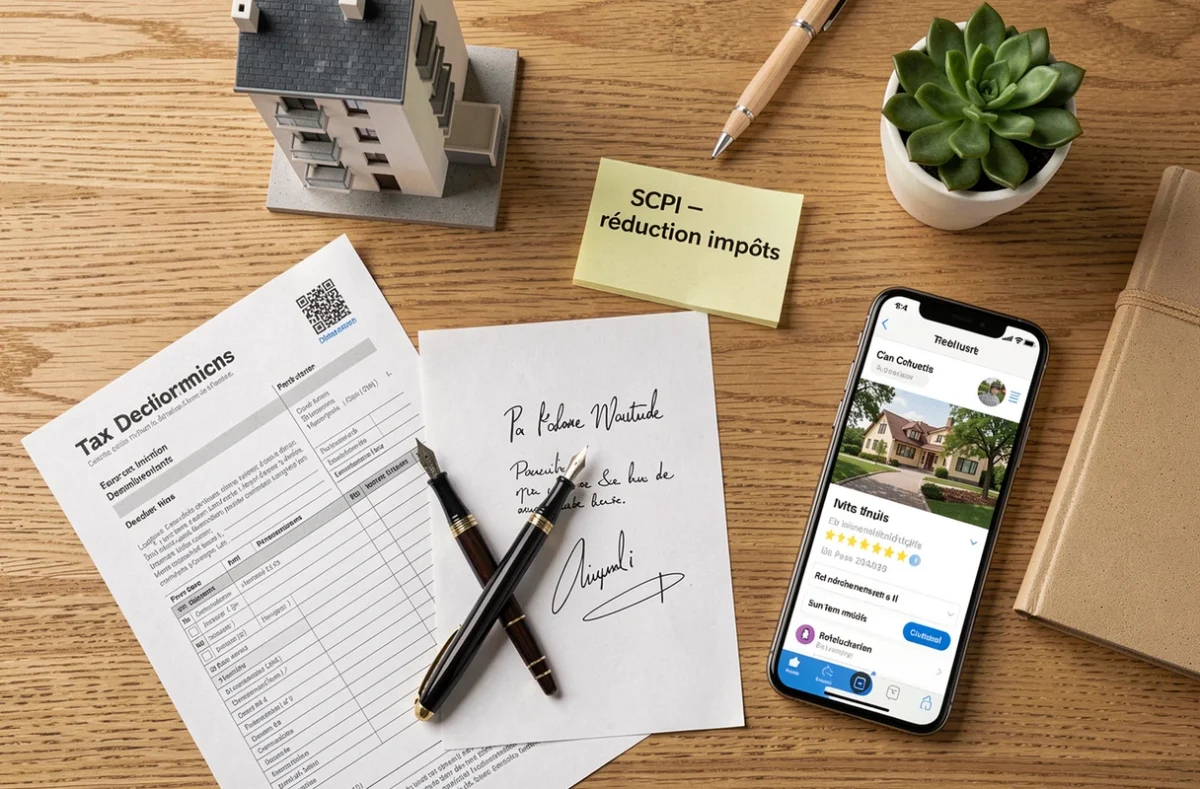 Vue aérienne d'un bureau avec formulaire fiscal, maquette immobilière et smartphone illustrant l'investissement en SCPI pour réduire ses impôts