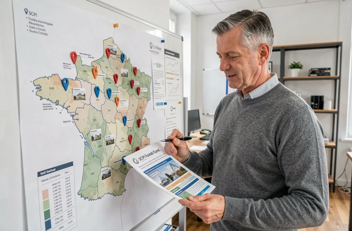 Un homme d'affaires expérimenté étudiant la répartition géographique des actifs d'une SCPI sur une carte de France