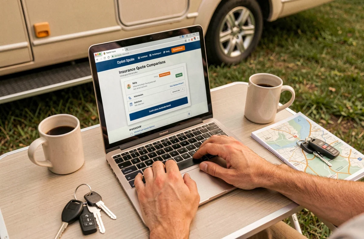 Gros plan de mains tapant sur un ordinateur portable pour comparer et souscrire une assurance camping-car en ligne