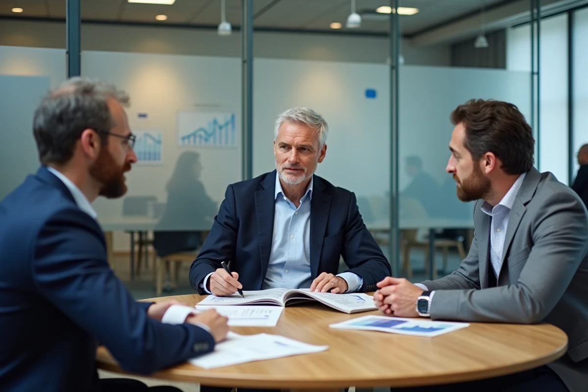 Groupe de professionnels discutant autour d
