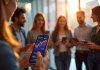 Groupe diversifié regardant leurs smartphones avec taux bitcoin