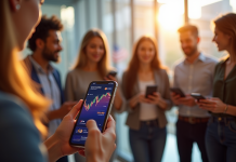 Groupe diversifié regardant leurs smartphones avec taux bitcoin