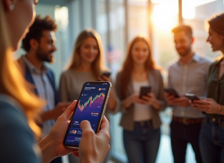 Pays où le bitcoin coûte moins : comparaison mondiale Groupe diversifié regardant leurs smartphones avec taux bitcoin