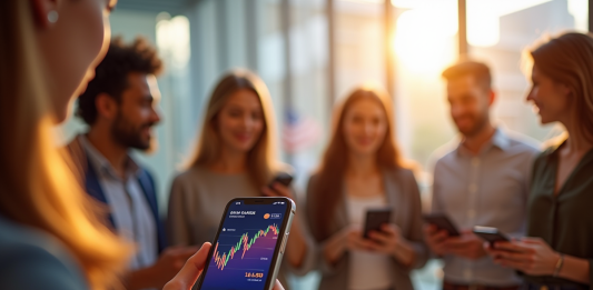 Pays où le bitcoin coûte moins : comparaison mondiale Groupe diversifié regardant leurs smartphones avec taux bitcoin