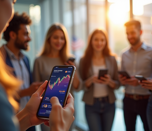 Groupe diversifié regardant leurs smartphones avec taux bitcoin