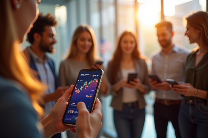 Groupe diversifié regardant leurs smartphones avec taux bitcoin
