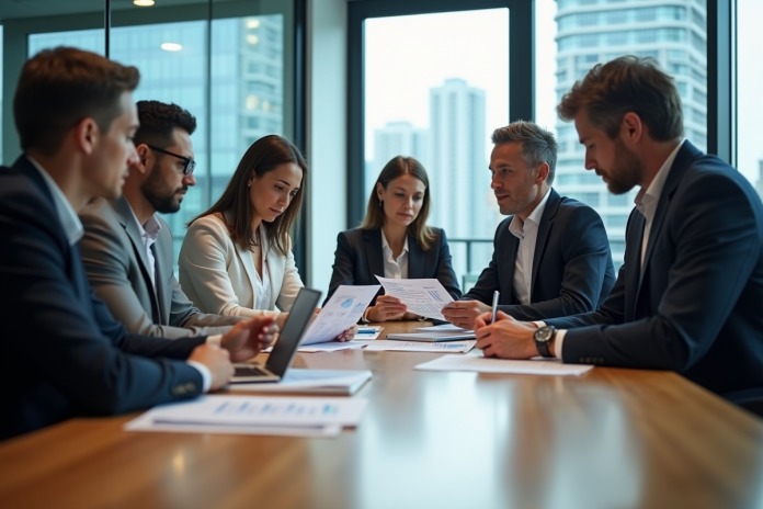 groupe-professionnels-finance Groupe de professionnels en réunion d'affaires