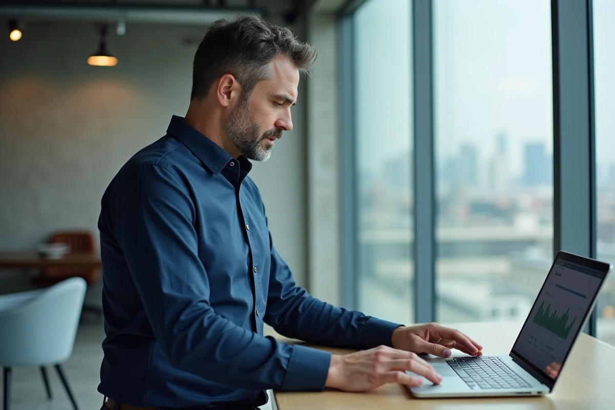 Homme d'affaires accédant à son compte Hello Bank sur ordinateur portable dans un bureau moderne