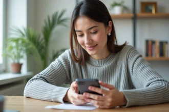 Femme consultant son espace client Hello Bank sur smartphone depuis son bureau à domicile