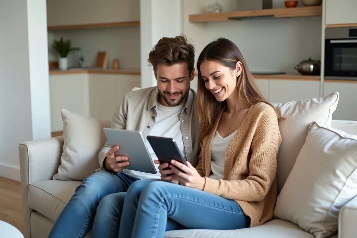 Couple consultant ensemble l'espace client Hello Bank sur une tablette dans leur salon