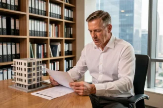 Un homme d'affaires analyse des documents financiers et un modèle architectural pour un investissement en SCPI avec effet de levier