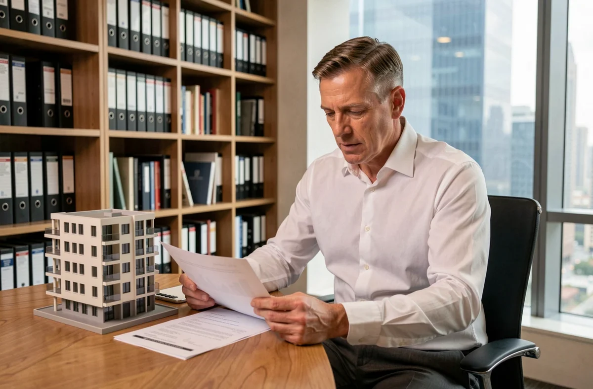Un homme d'affaires analyse des documents financiers et un modèle architectural pour un investissement en SCPI avec effet de levier