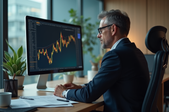 Homme d'affaires regardant un graphique Bitcoin en baisse