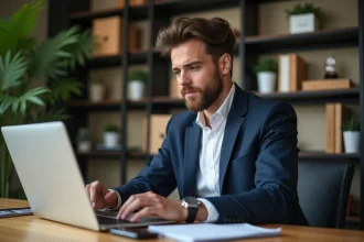 Jeune homme en costume bleu analysant des graphiques crypto