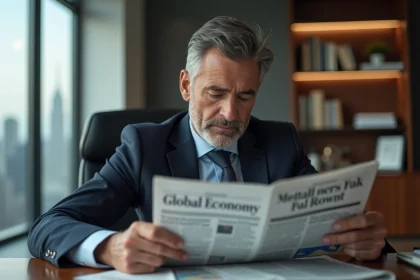 Homme d'affaires en costume lisant un journal économique