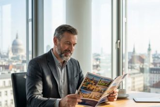 Homme d'affaires confiant examine un portefeuille de brochures immobilières