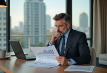 Homme d'affaires en costume examine un rapport financier dans une cuisine moderne