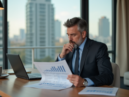 Homme d'affaires en costume examine un rapport financier dans une cuisine moderne