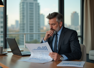 Dividende Orange 2025 : date, montant et prévisions, ce qu’il faut savoir ! Homme d'affaires en costume examine un rapport financier dans une cuisine moderne