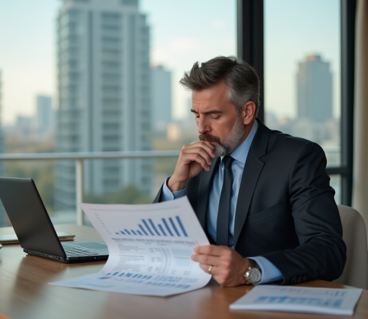 Homme d'affaires en costume examine un rapport financier dans une cuisine moderne