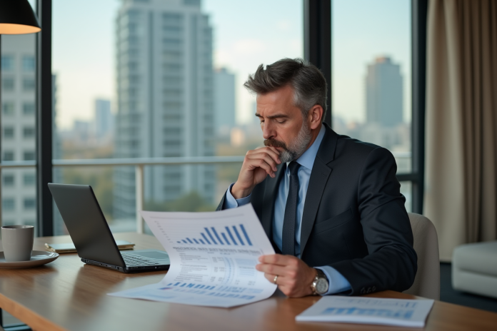 Homme d'affaires en costume examine un rapport financier dans une cuisine moderne