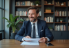 Homme d'affaires en costume navy examine documents financiers