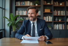 Homme d'affaires en costume navy examine documents financiers