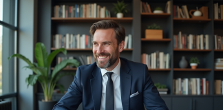 Homme d'affaires en costume navy examine documents financiers