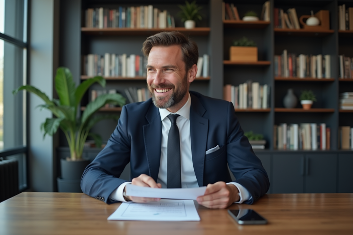 homme-affaires-suit-navy Homme d'affaires en costume navy examine documents financiers