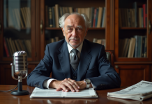 Homme agee en costume navy dans un bureau parisien