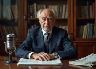 Eddy Mitchell face à la finance : comment est-il devenu si riche ? Homme agee en costume navy dans un bureau parisien