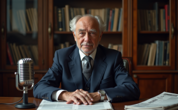 Homme agee en costume navy dans un bureau parisien