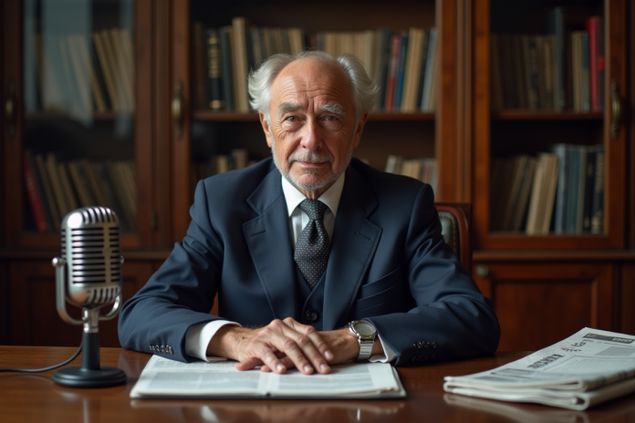 Homme agee en costume navy dans un bureau parisien
