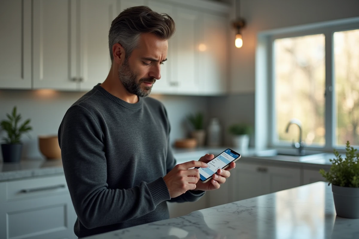 Homme consultant les paramètres d'alertes bancaires sur l'application mobile Le Fil du Crédit Agricole dans une cuisine moderne