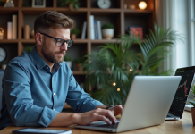 Homme d'affaires analysant des graphiques de cryptomonnaies dans un bureau moderne