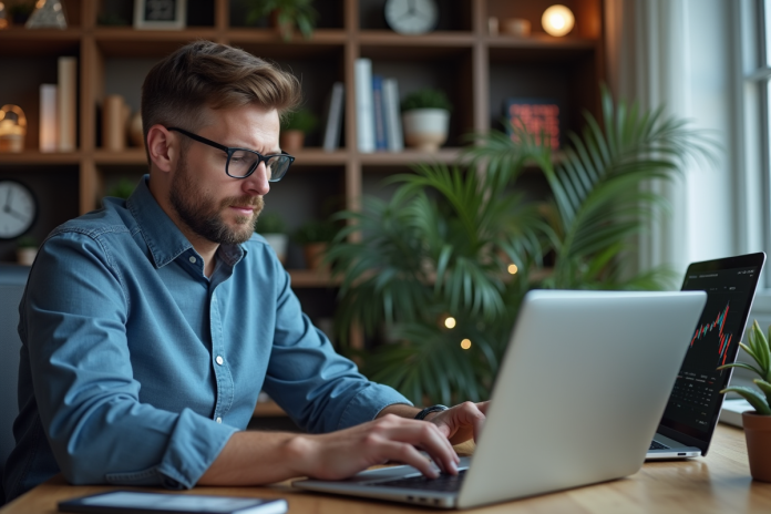 homme-analysant-cryptomonnaies Homme d'affaires analysant des graphiques de cryptomonnaies dans un bureau moderne