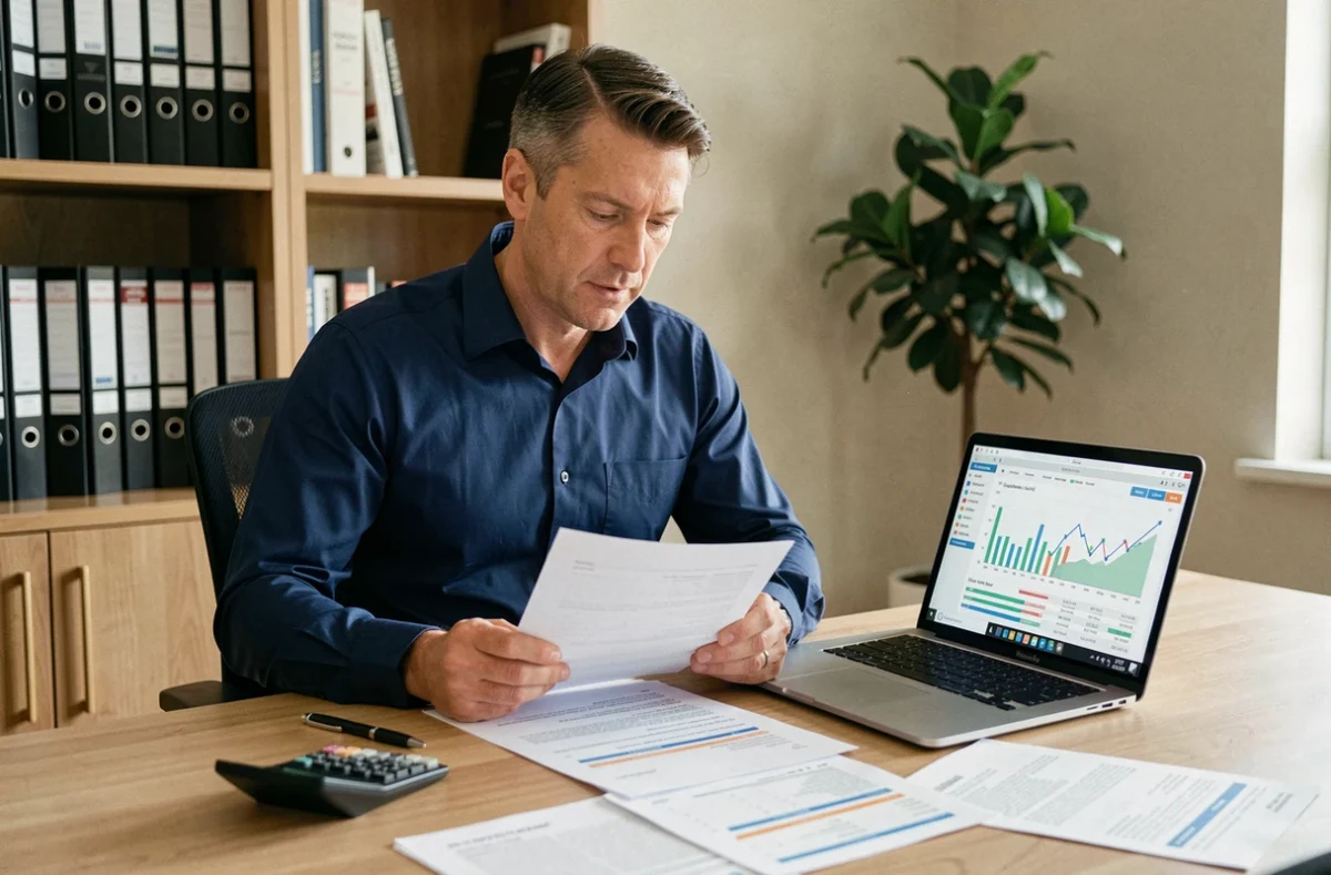 Homme consultant des documents financiers et données d'investissement en SCPI défiscalisante sur ordinateur dans un bureau à domicile
