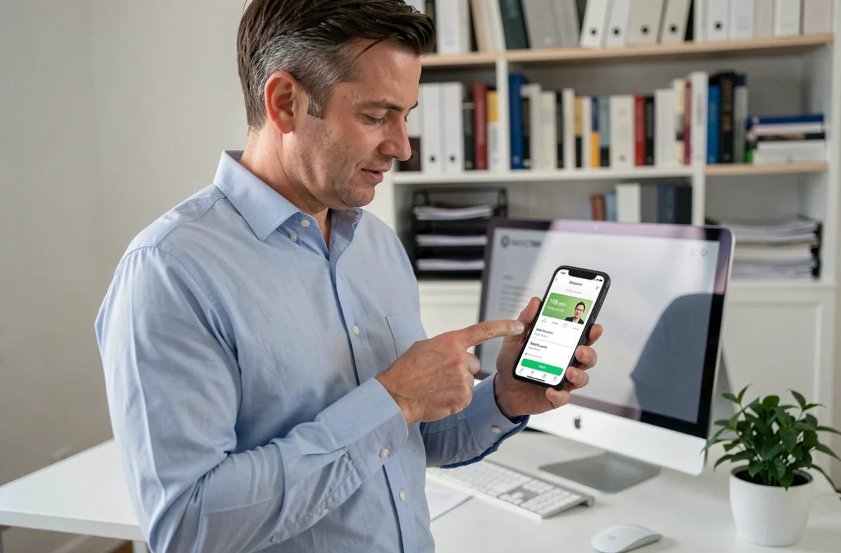 Homme vérifiant un prélèvement bancaire inconnu de 108 euros sur une application mobile bancaire