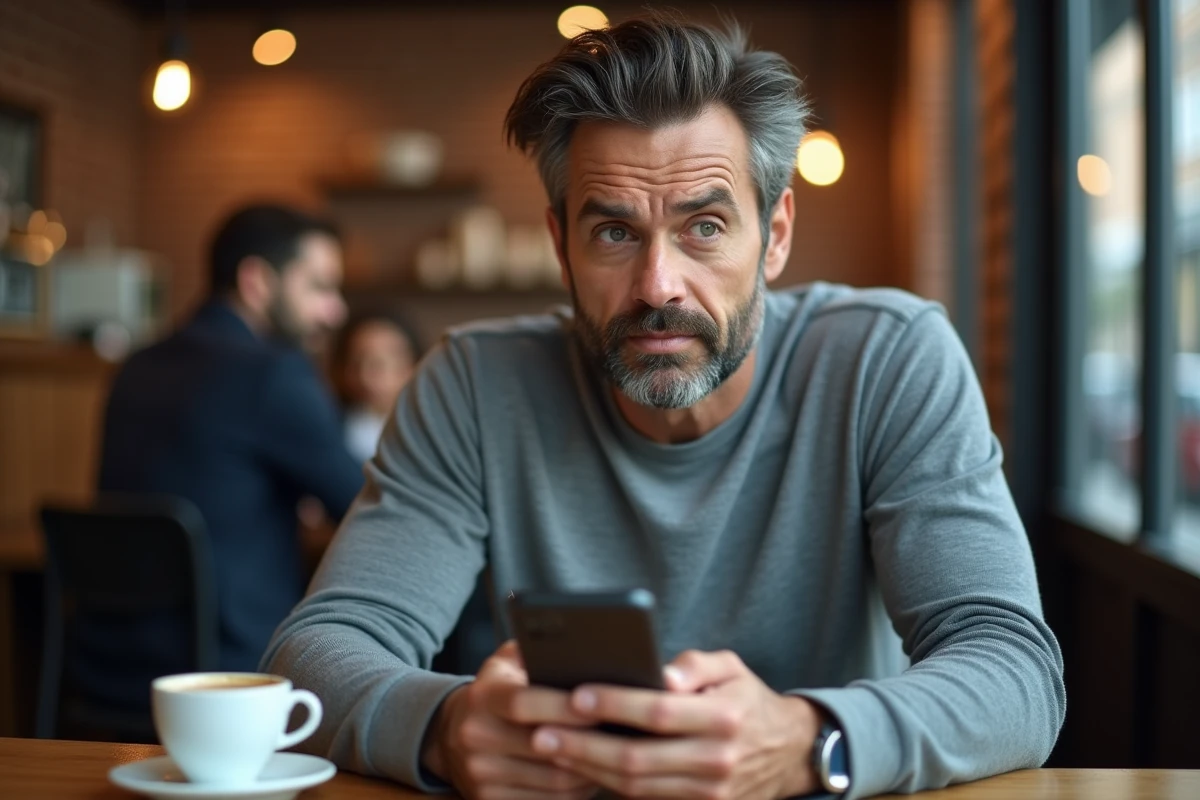 Homme méfiant consultant une application bancaire suspecte sur smartphone dans un café