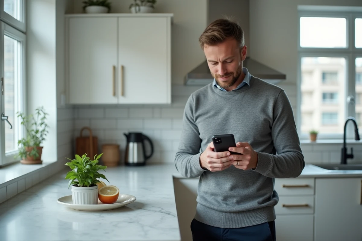 Homme consultant une application de prêt en ligne sur smartphone dans une cuisine moderne