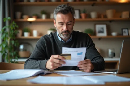 Homme d'âge moyen examinant un reçu et des factures
