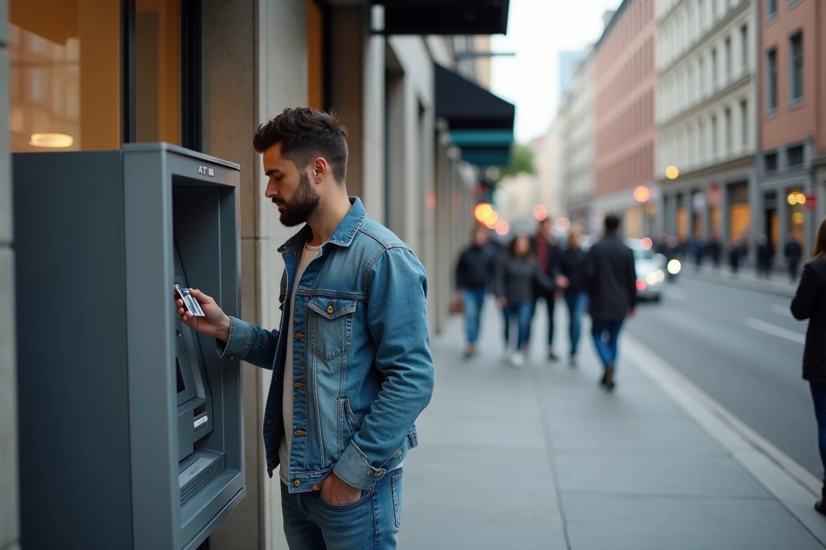 Homme en denim utilisant un distributeur en ville