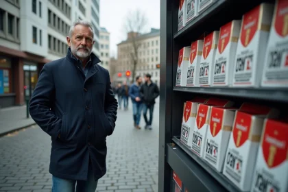 Homme allemand devant un kiosque à Berlin avec étiquettes de taxe