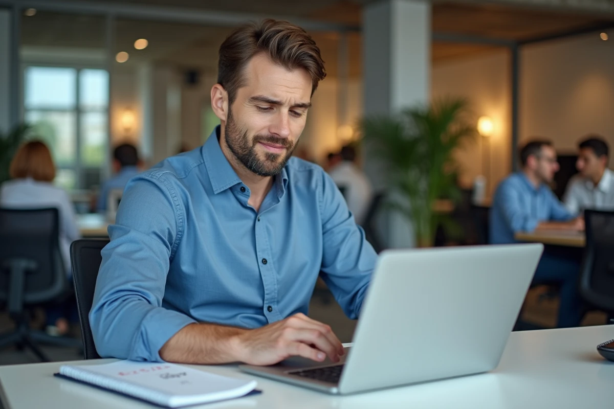 Homme en bureau consultant un calculateur de salaire brut net sur ordinateur portable pour estimer son pouvoir d'achat en 2026